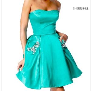 Sherri Hill Teal Strapless Embellished Prom Dress